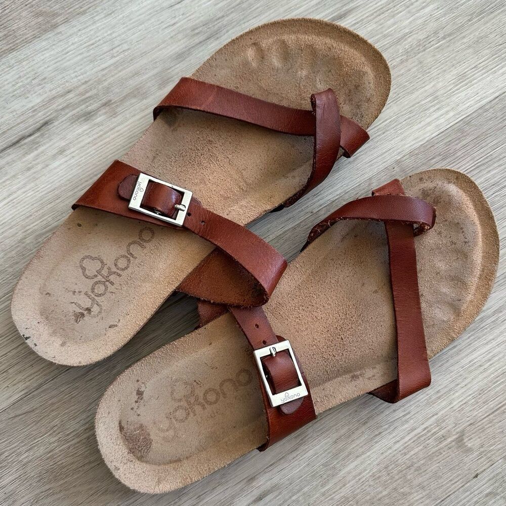 YOKONO Brown Leather Silver Buckle Strap Sandals Made in Spain US Size 8